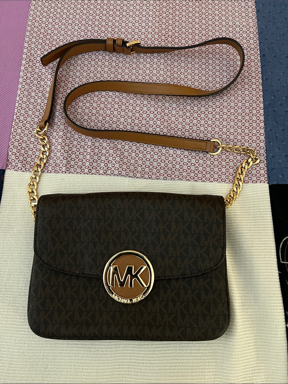 Michael Kors Brown Signature MK Logo Chain Strap Crossbody